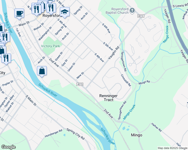 map of restaurants, bars, coffee shops, grocery stores, and more near 243 Vaughn Road in Royersford