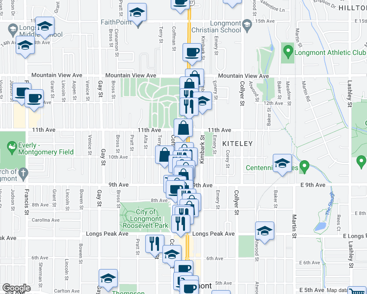 map of restaurants, bars, coffee shops, grocery stores, and more near 1008 Coffman Street in Longmont