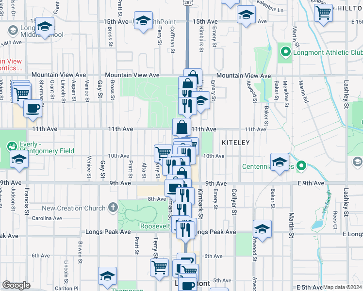 map of restaurants, bars, coffee shops, grocery stores, and more near 1008 Coffman Street in Longmont