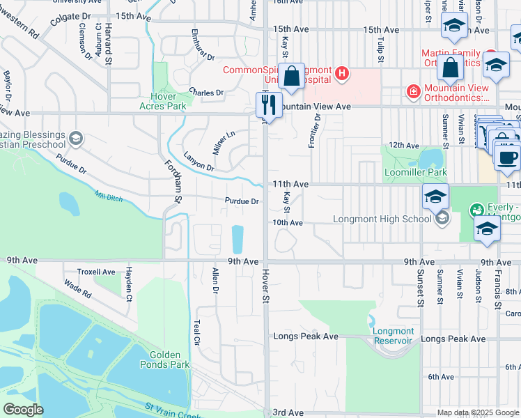 map of restaurants, bars, coffee shops, grocery stores, and more near 2260 10th Avenue in Longmont
