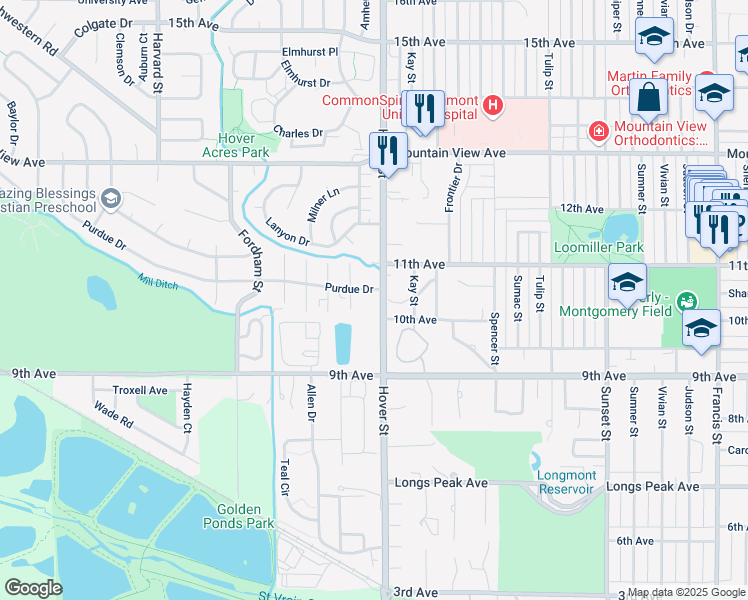 map of restaurants, bars, coffee shops, grocery stores, and more near 2 Ash Court in Longmont