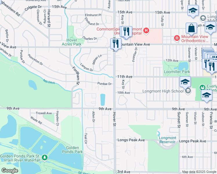 map of restaurants, bars, coffee shops, grocery stores, and more near 2 Ash Court in Longmont