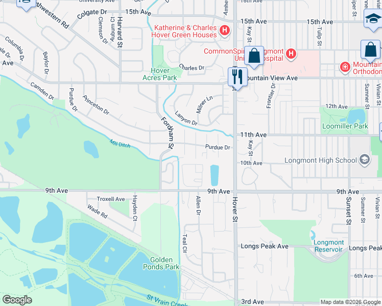 map of restaurants, bars, coffee shops, grocery stores, and more near 2 Durian Court in Longmont