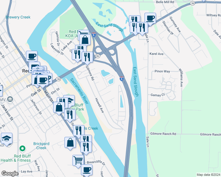 map of restaurants, bars, coffee shops, grocery stores, and more near 75 Mina Avenue in Red Bluff