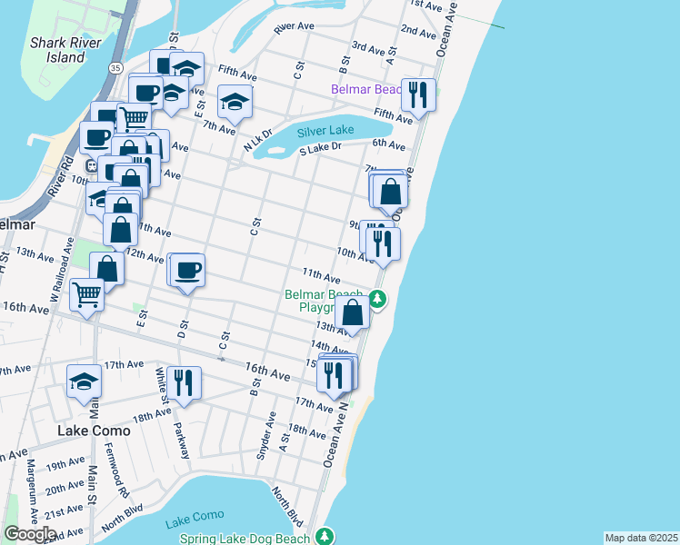 map of restaurants, bars, coffee shops, grocery stores, and more near 115 11th Avenue in Belmar