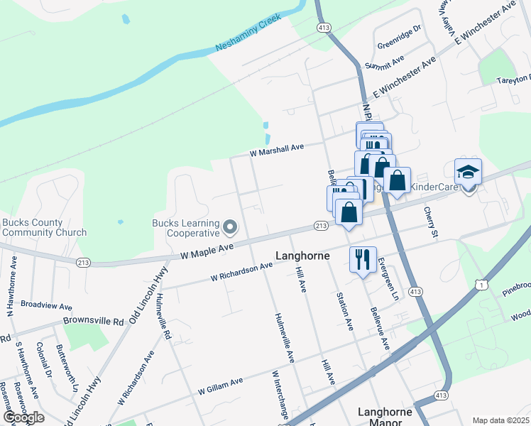 map of restaurants, bars, coffee shops, grocery stores, and more near 225 West Maple Avenue in Langhorne