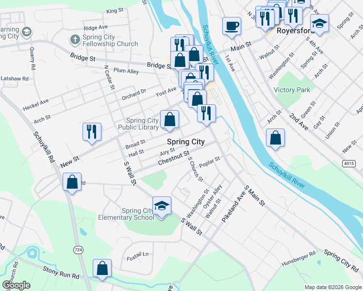 map of restaurants, bars, coffee shops, grocery stores, and more near 180 Chestnut Street in Spring City