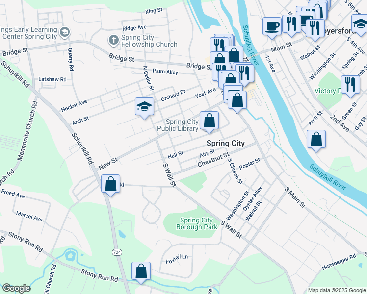 map of restaurants, bars, coffee shops, grocery stores, and more near 7 South Cedar Street in Spring City