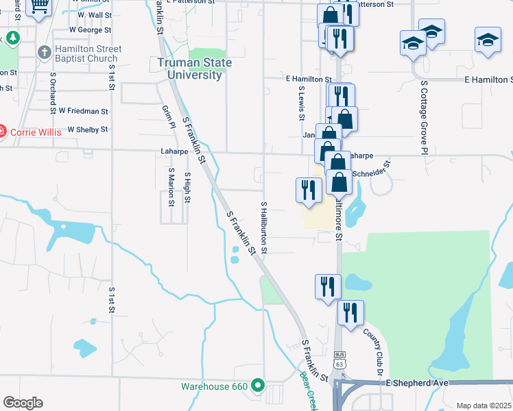 map of restaurants, bars, coffee shops, grocery stores, and more near 2300-2398 South Halliburton Street in Kirksville