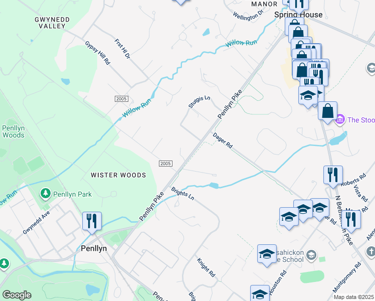 map of restaurants, bars, coffee shops, grocery stores, and more near 613 Penllyn Pike in Ambler
