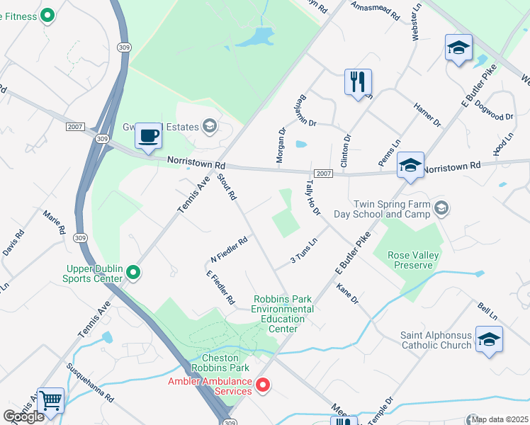 map of restaurants, bars, coffee shops, grocery stores, and more near 1542 Cooper Drive in Ambler