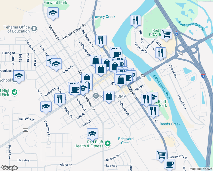map of restaurants, bars, coffee shops, grocery stores, and more near 600-622 Pine Street in Red Bluff