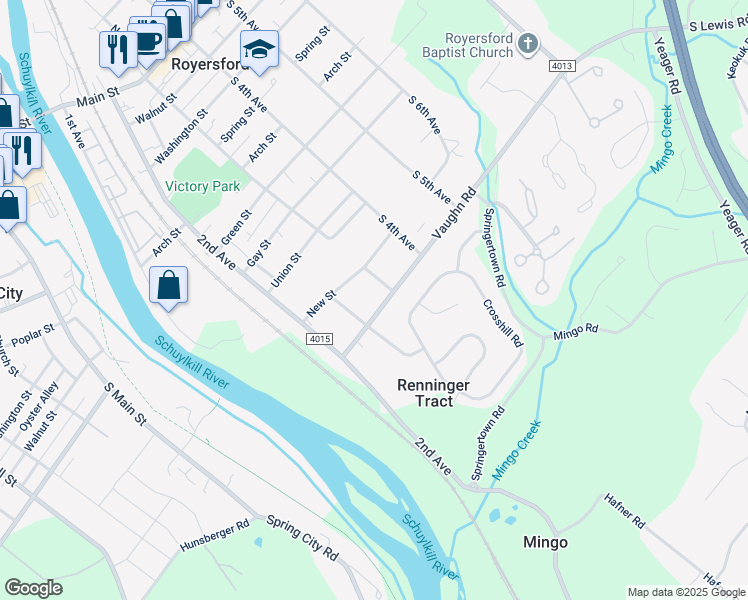 map of restaurants, bars, coffee shops, grocery stores, and more near 243 Vaughn Road in Royersford