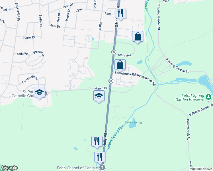 map of restaurants, bars, coffee shops, grocery stores, and more near 20 Marsh Drive in Carlisle