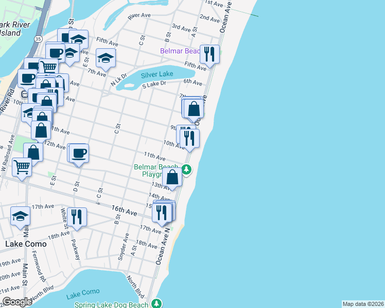 map of restaurants, bars, coffee shops, grocery stores, and more near 1002 Ocean Avenue North in Belmar