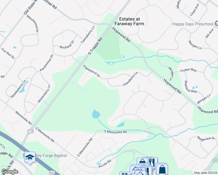 map of restaurants, bars, coffee shops, grocery stores, and more near 135 Chinaberry Lane in Collegeville