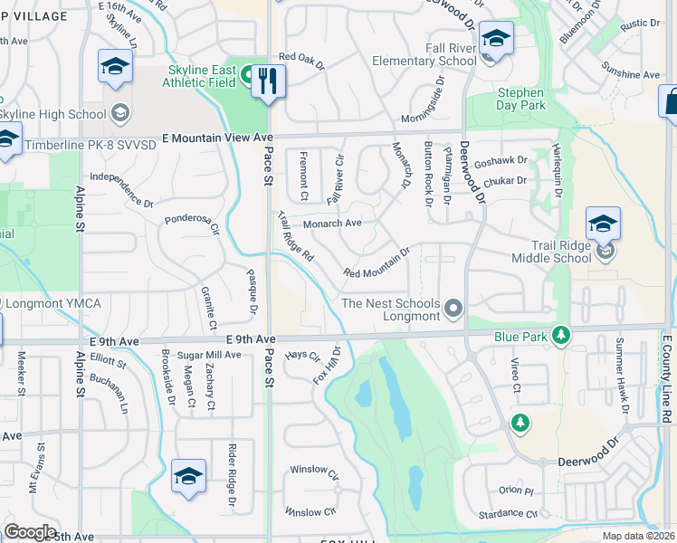 map of restaurants, bars, coffee shops, grocery stores, and more near 1322 Trail Ridge Road in Longmont
