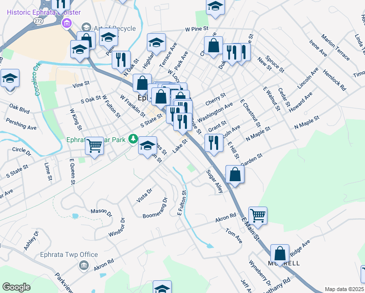 map of restaurants, bars, coffee shops, grocery stores, and more near 26 Lake Street in Ephrata