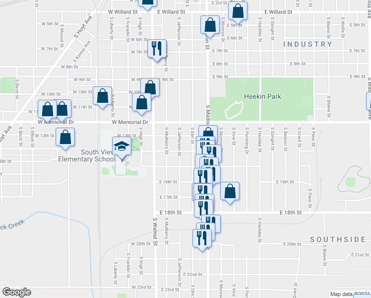 map of restaurants, bars, coffee shops, grocery stores, and more near 306 East 14th Street in Muncie