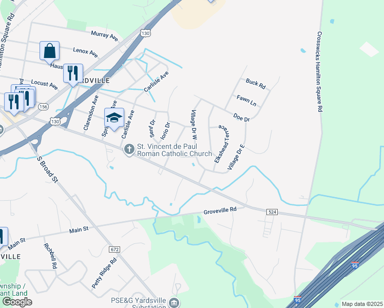 map of restaurants, bars, coffee shops, grocery stores, and more near 12 Fox Lane in Hamilton Township