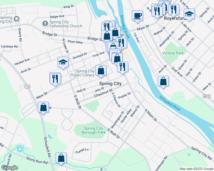 map of restaurants, bars, coffee shops, grocery stores, and more near 14 South Church Street in Spring City