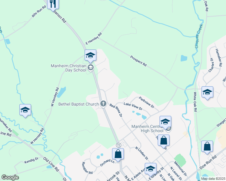 map of restaurants, bars, coffee shops, grocery stores, and more near 51 Daffodil Drive in Manheim