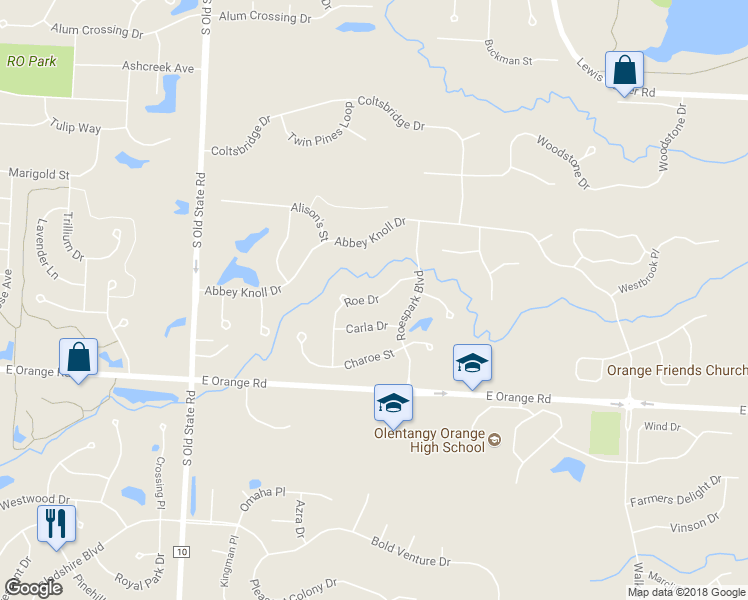 map of restaurants, bars, coffee shops, grocery stores, and more near 2620 Roe Drive in Lewis Center