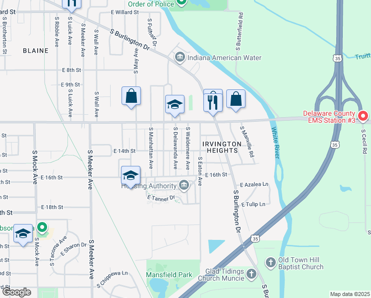 map of restaurants, bars, coffee shops, grocery stores, and more near 2104 South Delawanda Avenue in Muncie