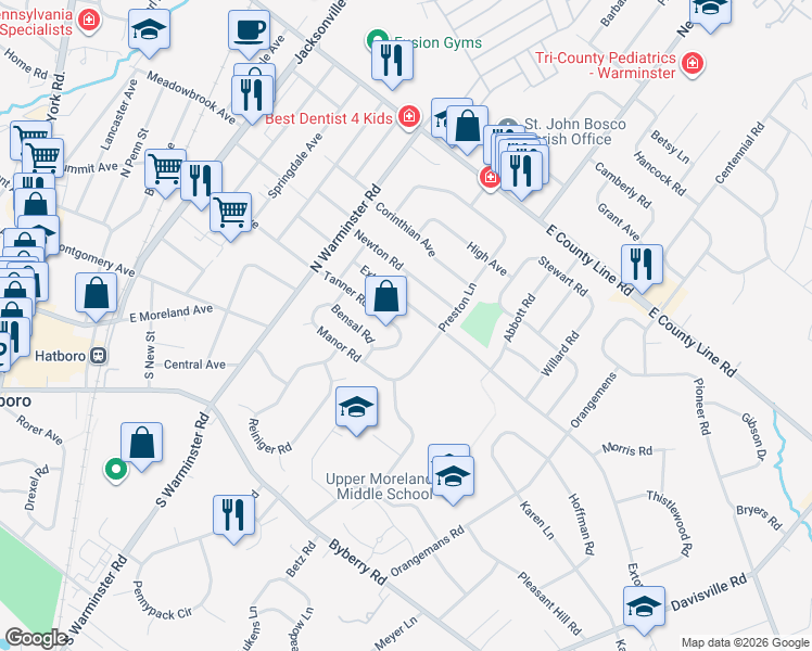map of restaurants, bars, coffee shops, grocery stores, and more near 430 Tanner Road in Hatboro