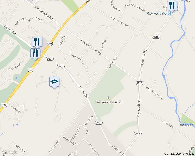 map of restaurants, bars, coffee shops, grocery stores, and more near 150 Cambronne Circle in Blue Bell