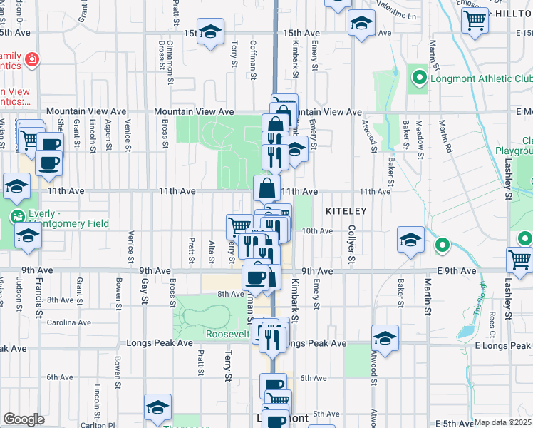 map of restaurants, bars, coffee shops, grocery stores, and more near 1008 Coffman Street in Longmont