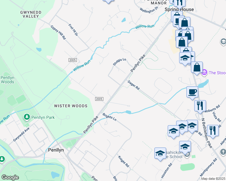 map of restaurants, bars, coffee shops, grocery stores, and more near 613 Penllyn Pike in Ambler