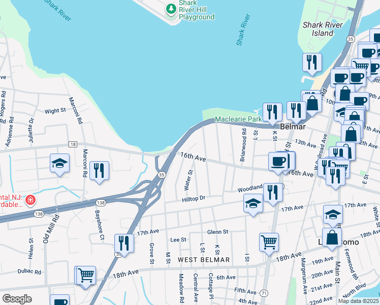 map of restaurants, bars, coffee shops, grocery stores, and more near 1503 16th Avenue in Belmar