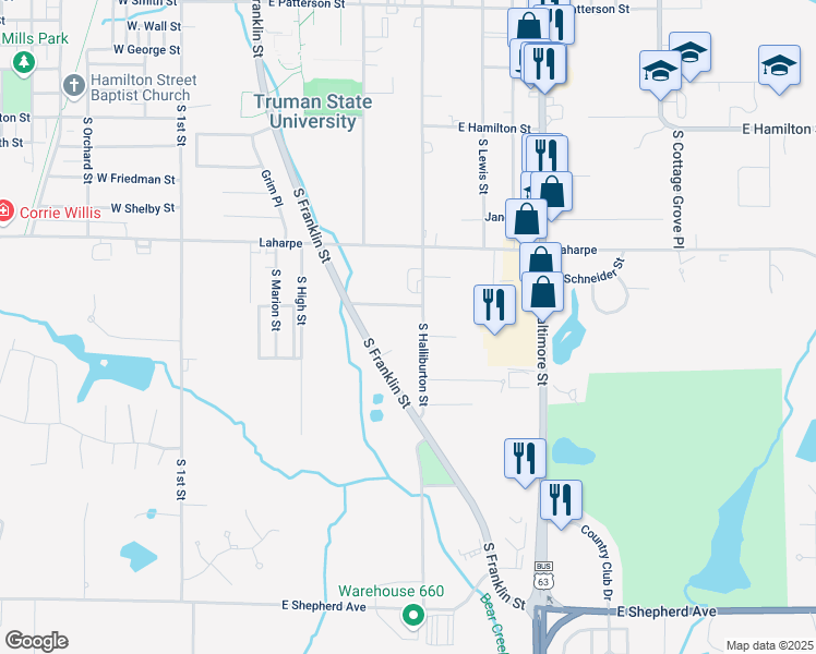 map of restaurants, bars, coffee shops, grocery stores, and more near 2204 South Halliburton Street in Kirksville