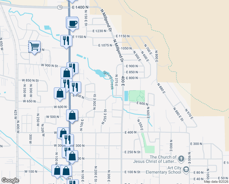 map of restaurants, bars, coffee shops, grocery stores, and more near 344 700 North in Springville