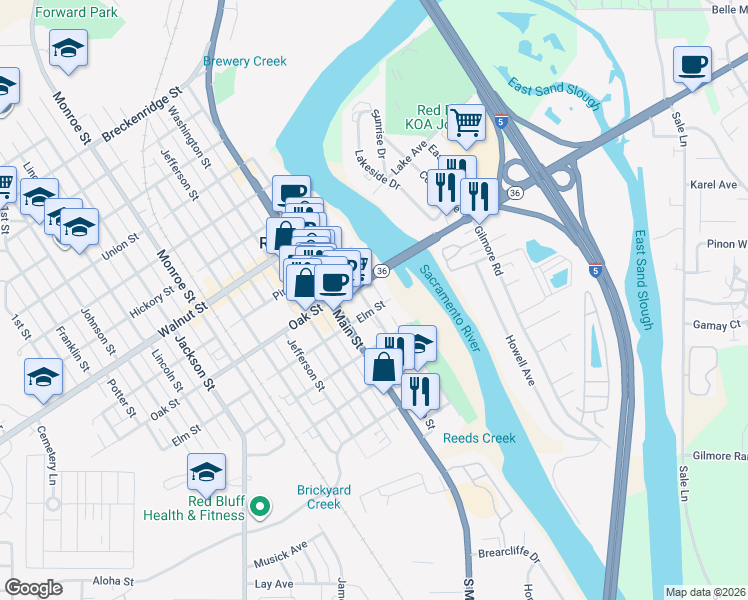 map of restaurants, bars, coffee shops, grocery stores, and more near 430 Rio Street in Red Bluff
