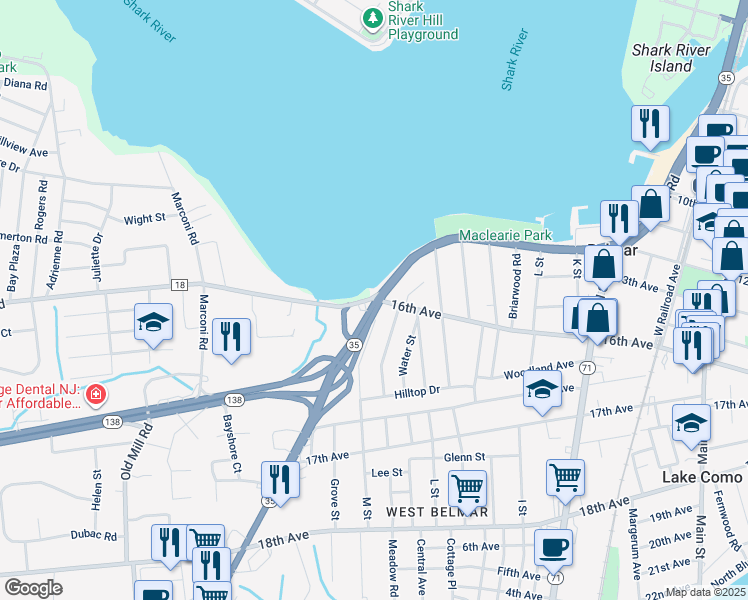 map of restaurants, bars, coffee shops, grocery stores, and more near 1600 M Street in Monmouth County