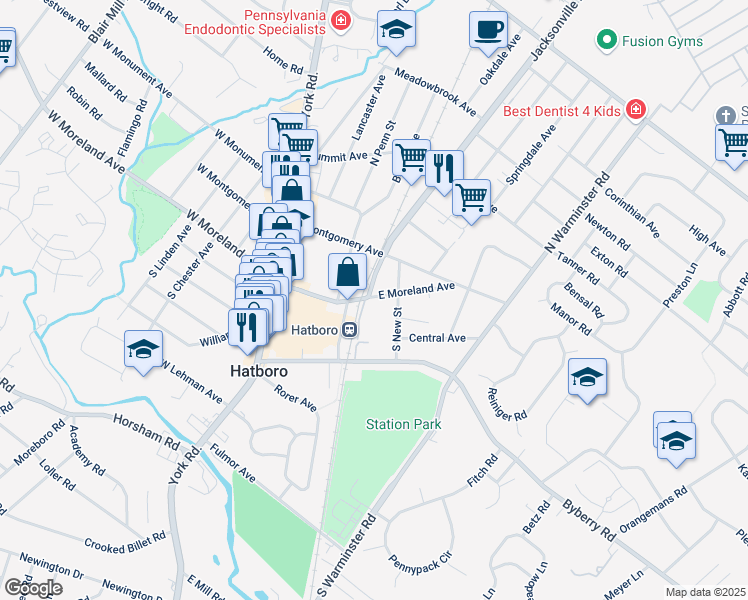map of restaurants, bars, coffee shops, grocery stores, and more near 122 East Moreland Avenue in Hatboro