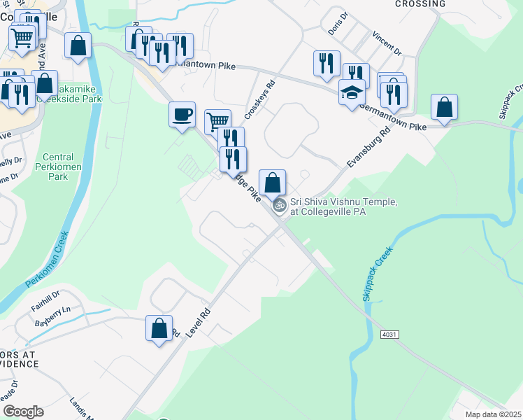 map of restaurants, bars, coffee shops, grocery stores, and more near 104 Lattice Lane in Collegeville