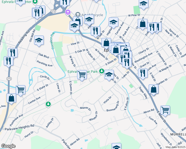map of restaurants, bars, coffee shops, grocery stores, and more near 75 Snyder Lane in Ephrata