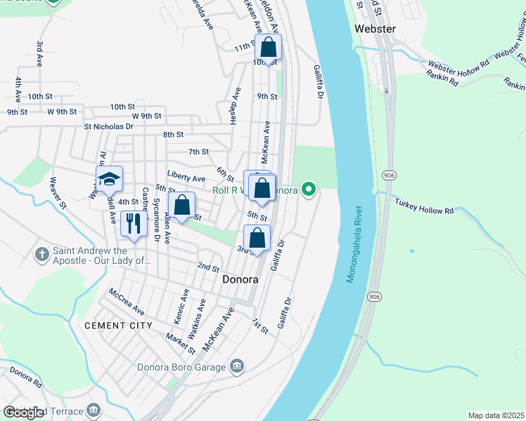 map of restaurants, bars, coffee shops, grocery stores, and more near 502 Meldon Avenue in Donora