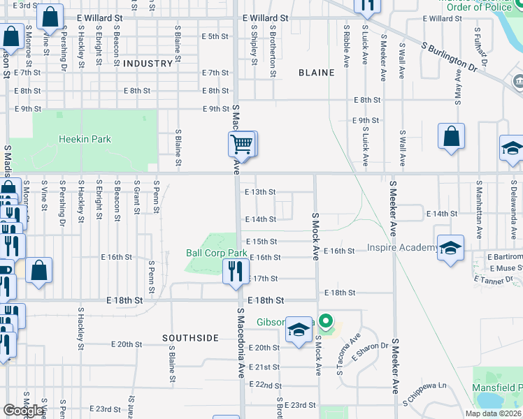 map of restaurants, bars, coffee shops, grocery stores, and more near 1719 East 14th Street in Muncie