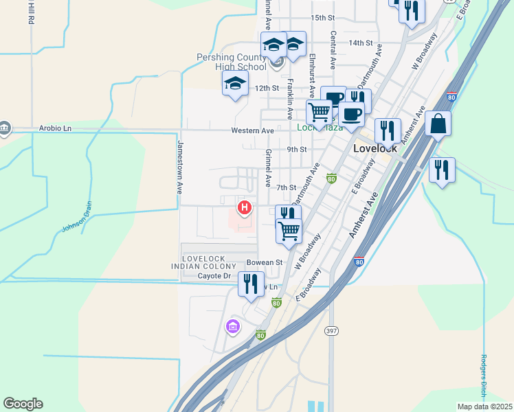 map of restaurants, bars, coffee shops, grocery stores, and more near 512 Sierra Place in Lovelock