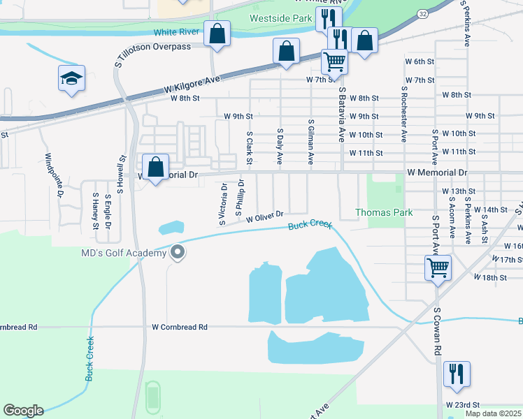 map of restaurants, bars, coffee shops, grocery stores, and more near 2024 South Clark Street in Muncie
