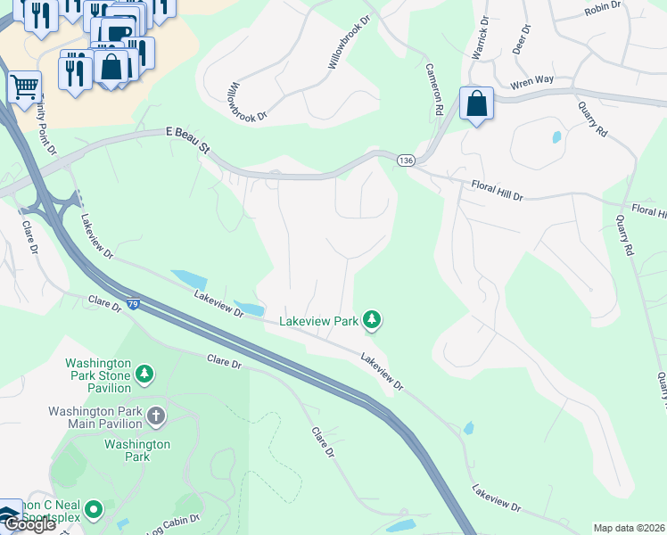 map of restaurants, bars, coffee shops, grocery stores, and more near 65 Hilltop Acres Road in Washington
