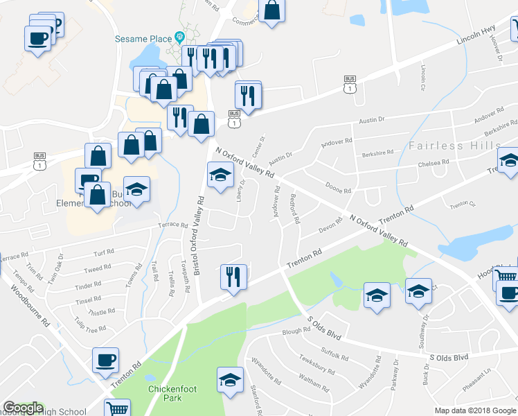 map of restaurants, bars, coffee shops, grocery stores, and more near 60 Liberty Drive in Langhorne