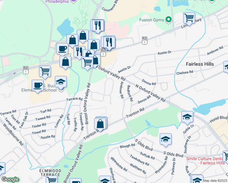 map of restaurants, bars, coffee shops, grocery stores, and more near 60 Liberty Drive in Langhorne