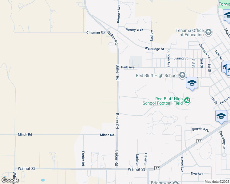 map of restaurants, bars, coffee shops, grocery stores, and more near 13180 Baker Road in Red Bluff