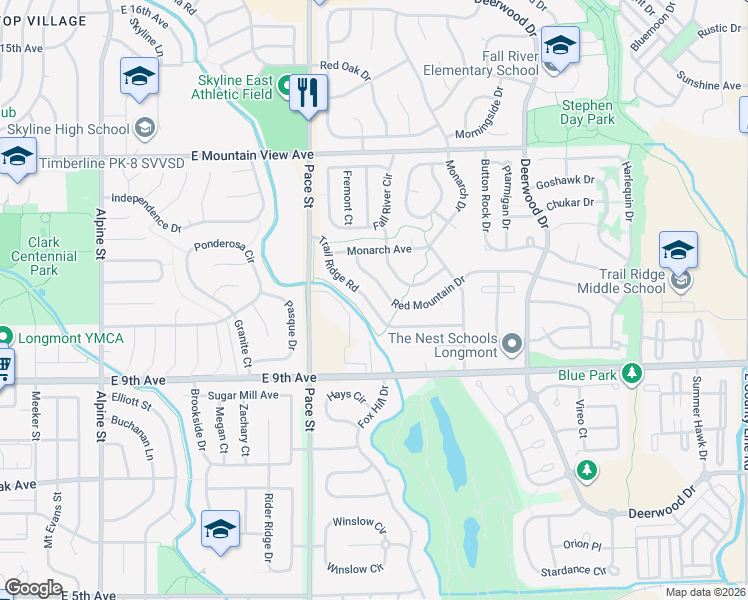 map of restaurants, bars, coffee shops, grocery stores, and more near 1277 Trail Ridge Road in Longmont