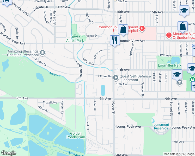 map of restaurants, bars, coffee shops, grocery stores, and more near 5 Birch Court in Longmont
